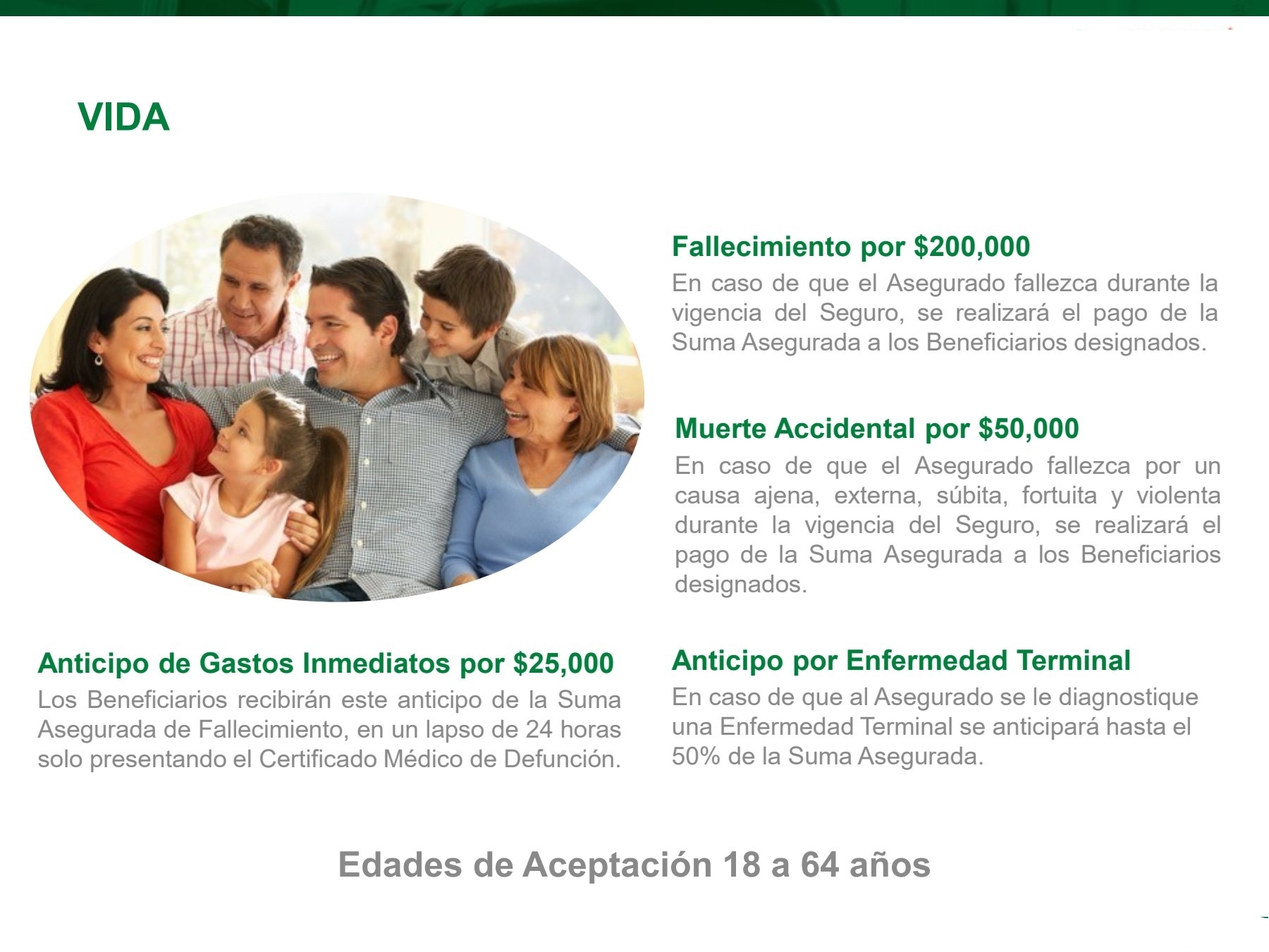 Folleto oficial del seguro de vida con sus coberturas: fallecimiento por $200,000, muerte accidental por $50,000, anticipo de gastos inmediatos por $25,000 y anticipo por enfermedad terminal