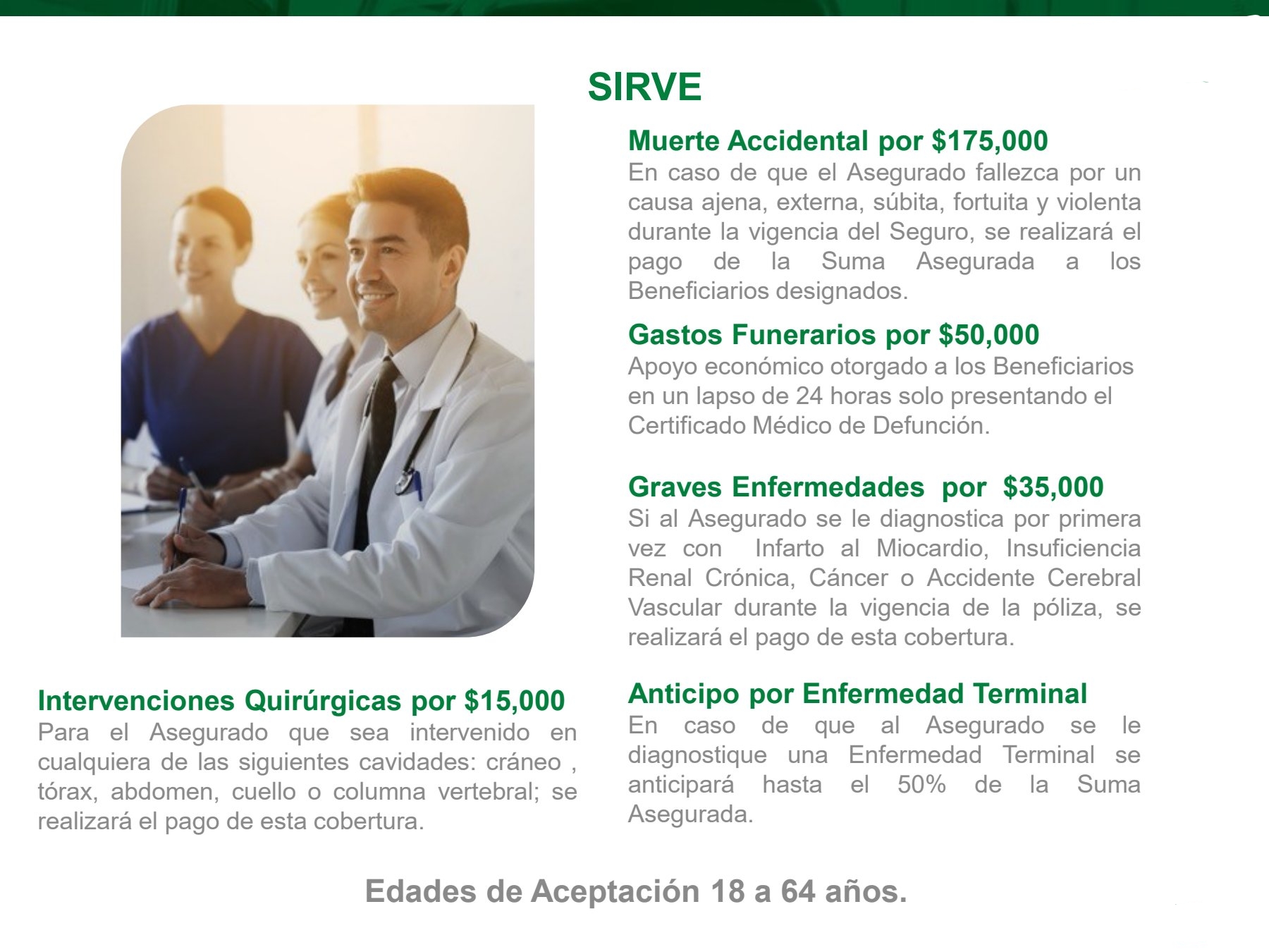 Folleto oficial del seguro SIRVE con sus coberturas: muerte accidental por $175,000, gastos funerarios por $50,000, graves enfermedades por $35,000, intervenciones quirúrgicas por $15,000 y anticipo por enfermedad terminal