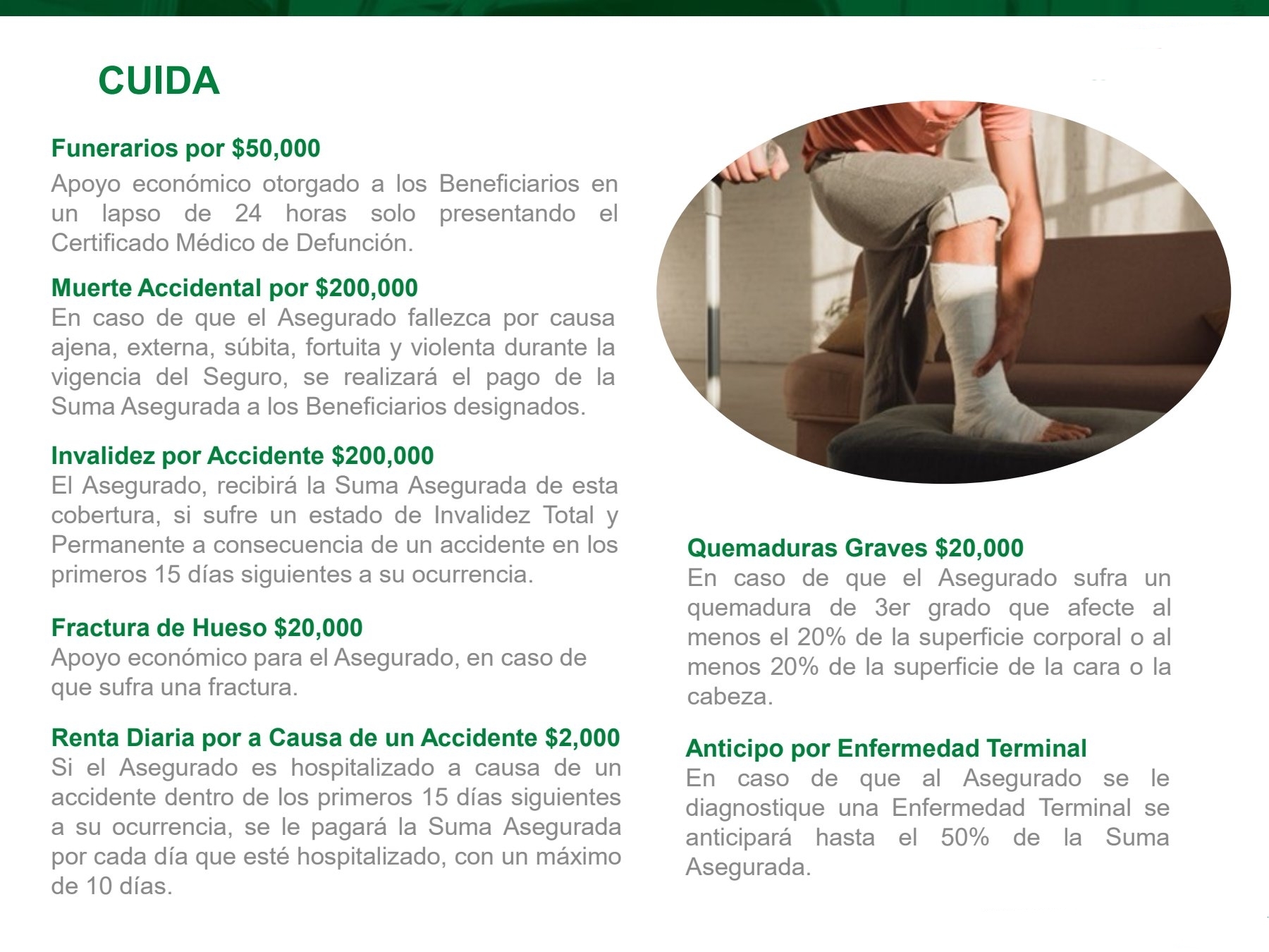 Folleto oficial del seguro CUIDA con sus coberturas: funerarios por $50,000, muerte accidental por $200,000, invalidez por accidente $200,000, fractura de hueso $20,000, renta diaria a causa de un accidente $2,000, quemaduras graves $20,000 y anticipo por enfermedad terminal