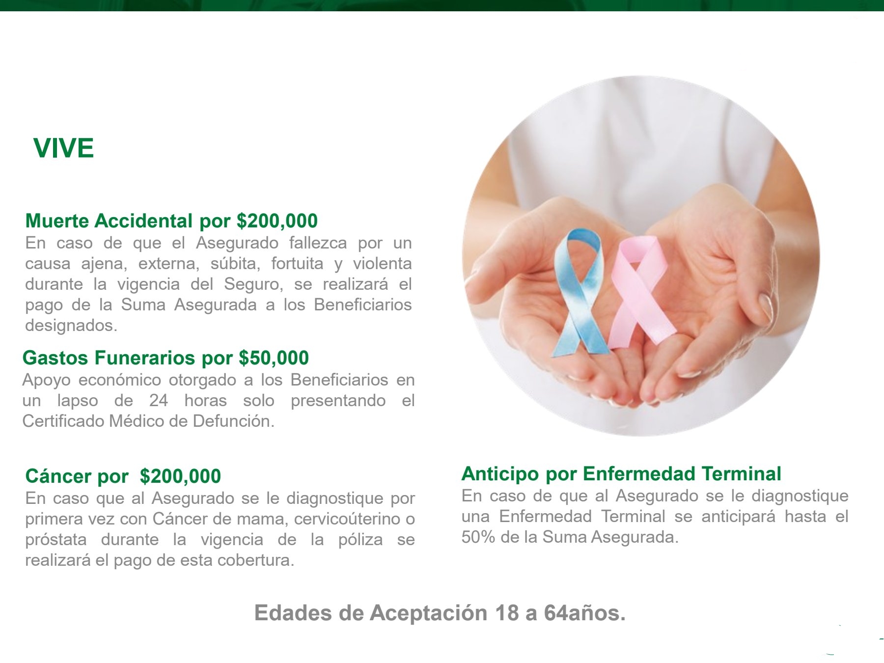 Folleto oficial del seguro VIVE con sus coberturas: muerte accidental por $200,000, gastos funerarios por $50,000, cáncer por $200,000 y anticipo por enfermedad terminal